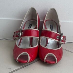 Dolce & Gabbana Red Peep-Toe Heels with Buckle